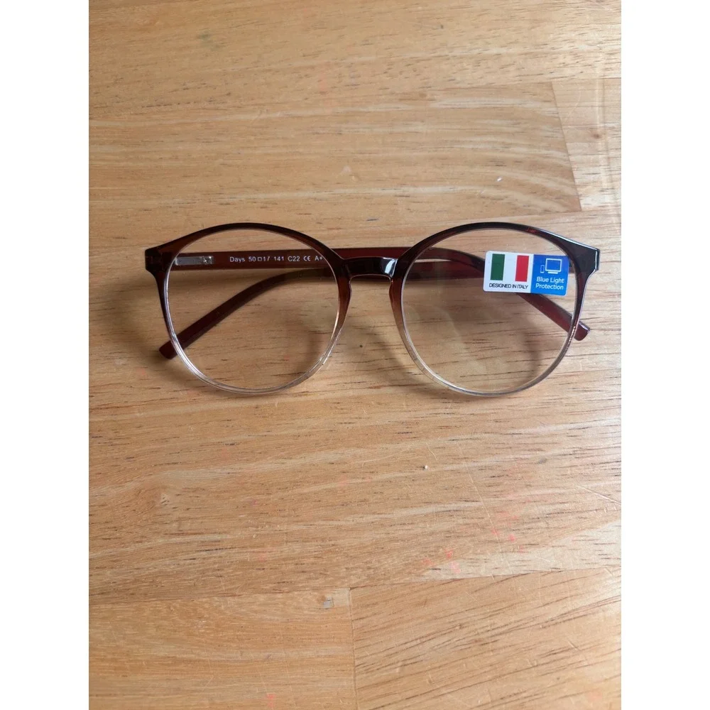 Designed in Italy Blue Light Glasses Unisex OS Brown Gradient NEW Round Frame